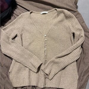 Abercrombie & Fitch Ribbed Button V-Neck Cardigan - Taupe